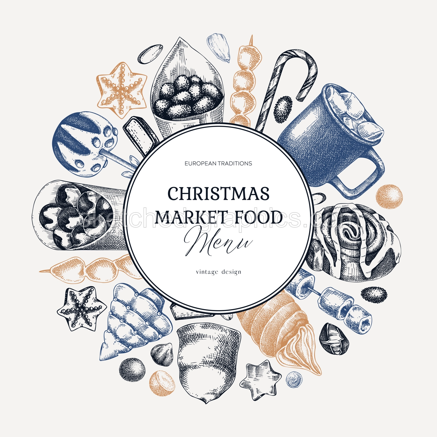 Christmas food background. Christmas market design template. Holiday menu wreath. Sweet food, pastries, candies and hot drink sketches. Hand drawn vector illustration.  Illustration